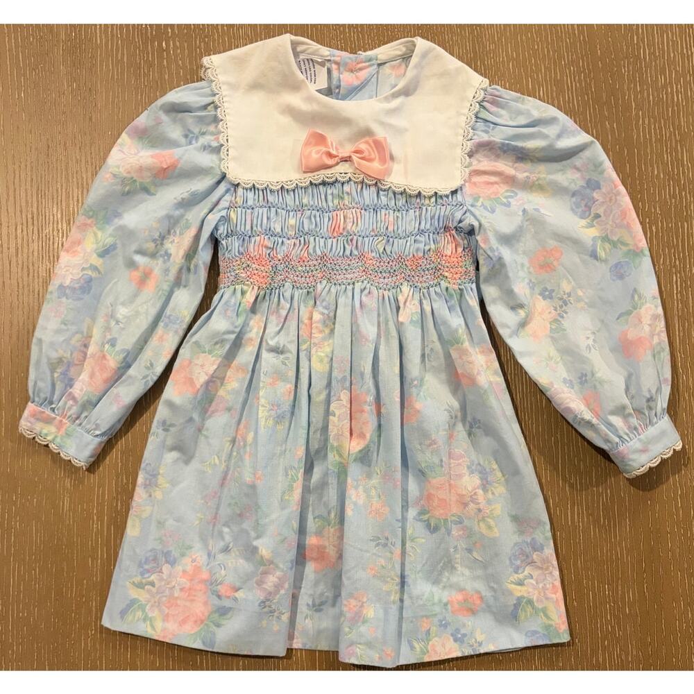 Polly‎ Flinders 4 Girls Floral Smocked Vintage Dress Easter Blue Long Sleeve
